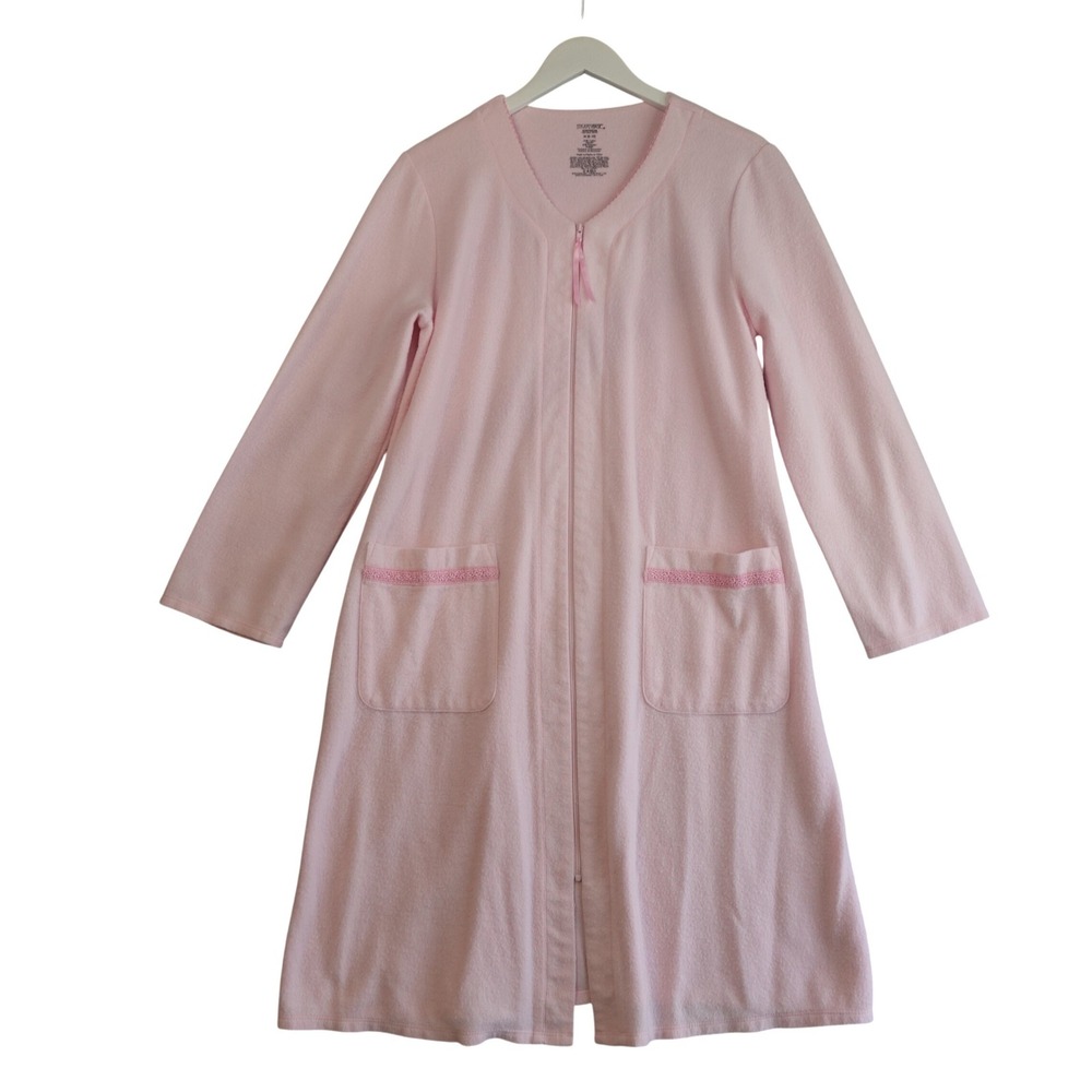 Vintage Robe Womens M Pink Fleece‎ Zip Front Lace Trim Housecoat Lounge Granny